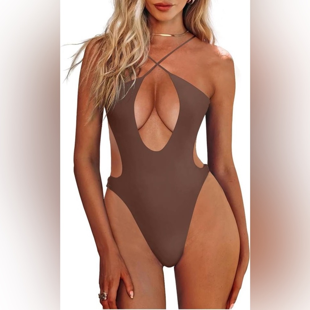 Women’s Brown Cut Out One Piece Swimsuit Halter Deep Plunge Monokini Size L